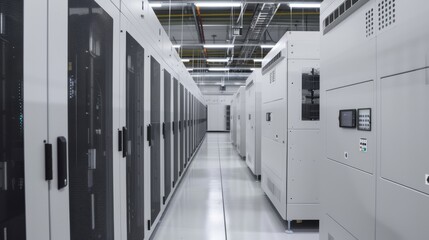 Server Room Interior With Rows of Data Cabinets