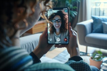 Close-up of a person having a video call on a smartphone. Cozy home setting with a relaxed vibe. Image aims to show modern communication through technology in personal spaces. Generative AI