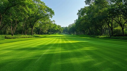 Lush green golf fairway with perfectly manicured grass, surrounded by trees, under a clear sky