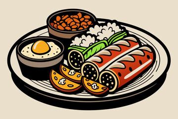 A detailed illustration of a Mexican food platter with enchiladas, rice, and beans, vector silhouette black color illustration 