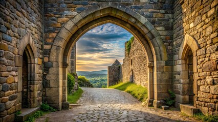 Obraz premium Stone archway leading to a medieval castle , architecture, ancient, historical, entrance, structure, landmark, monument, pathway