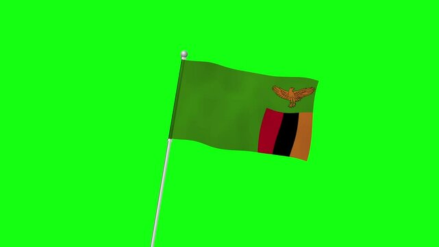 4K ZAMBIA flag with pole waving on chroma key green screen