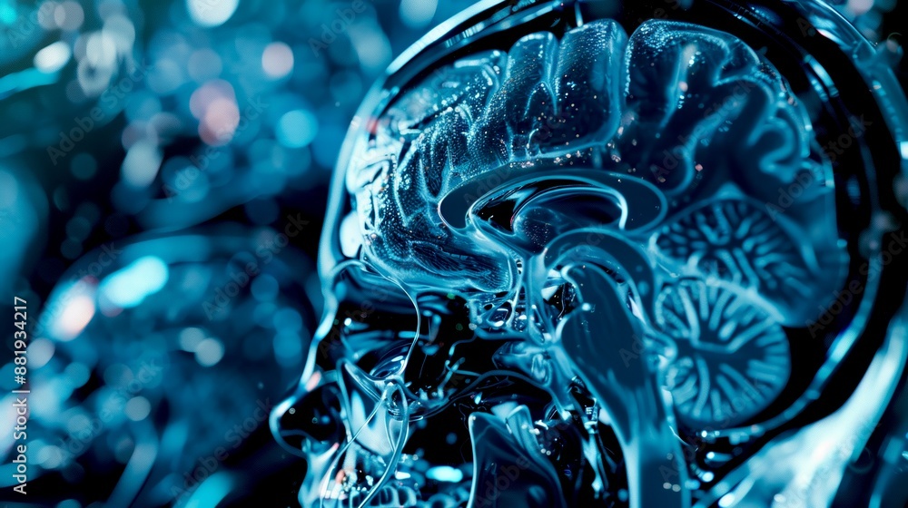 Poster futuristic visualization of human brain. sci-fi style clear skull model highlighting brain structure