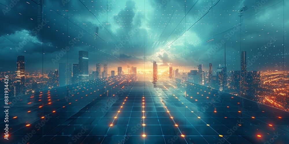 Poster the new business project is displayed above a solar power panels , and a background of color in the 