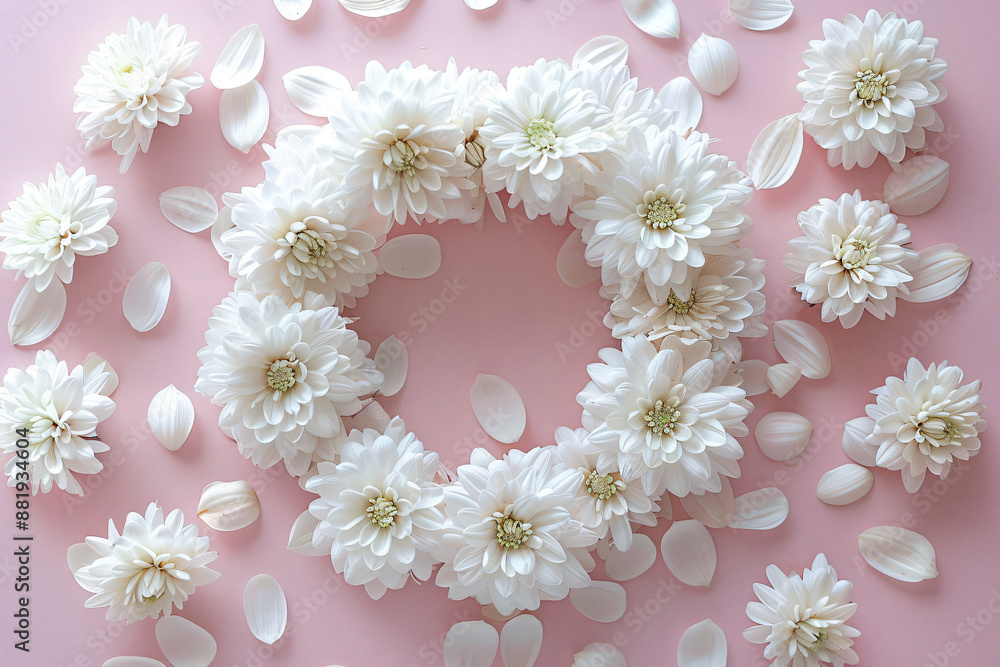 Poster a white chrysanthemum wreath on a pink background with petals in a flat lay top view copy space for 