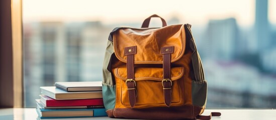 Leather Backpack and Books by the Window