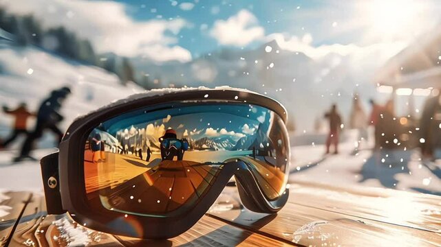 apres ski - goggles with mountains reflection on the restaurant table at ski resort