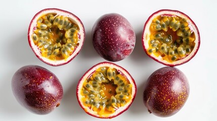 Ripe passion fruits, some cut open to reveal juicy pulp, displayed on a clean white background