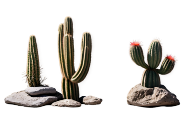 Isolate Diverse Collection of Desert Cacti Growing in Sand Against a transparent Background. The cacti vary in shape and size, showcasing the diversity within desert plant species.
