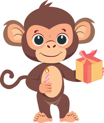 Cute monkey for kids. Happy birthday greetings, holiday gift candle with cake. Vector illustration