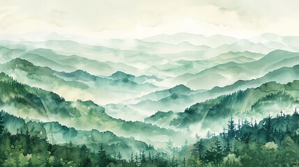 Misty Mountain Watercolor Landscape.