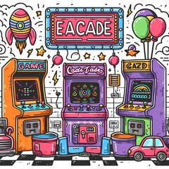 Doodle art cartoon of a retro arcade with colorful games and neon lights