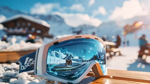 apres ski - goggles with mountains reflection on the restaurant table at ski resort