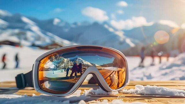 apres ski - goggles with mountains reflection on the restaurant table at ski resort