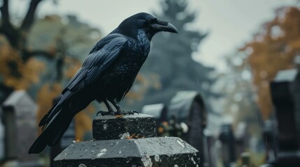 Black Raven Perched on a Tombstone in a Graveyard on a Cloudy Day