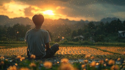 The young Thai man sits with a profoundly Crying very hard expression amid lush green rice fields. The atmosphere is filled with a gentle, drizzling rain during the late evening