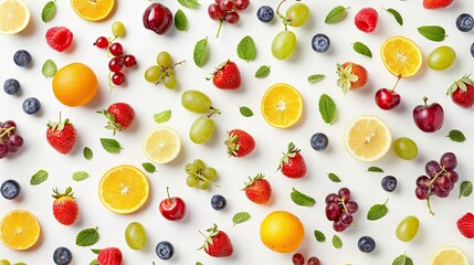 Vibrant assortment of fresh berries, citrus, and grapes, arranged in a neat pattern against a white backdrop