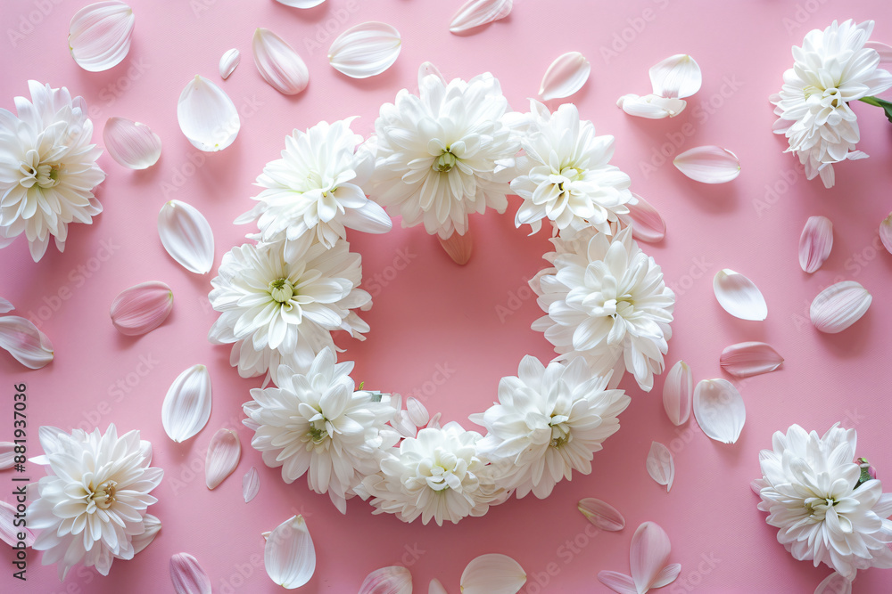 Poster a white chrysanthemum wreath on a pink background with petals in a flat lay top view copy space for 