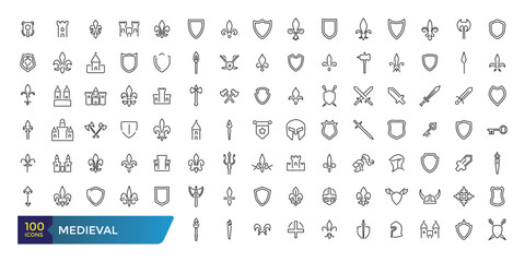 Medieval icon set. Minimalist thin linear web icon pack. Collection and pack of linear web and ui icons. Editable stroke. Vector illustration.