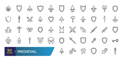 Medieval icon set. Minimalist thin linear web icon pack. Collection and pack of linear web and ui icons. Editable stroke. Vector illustration.