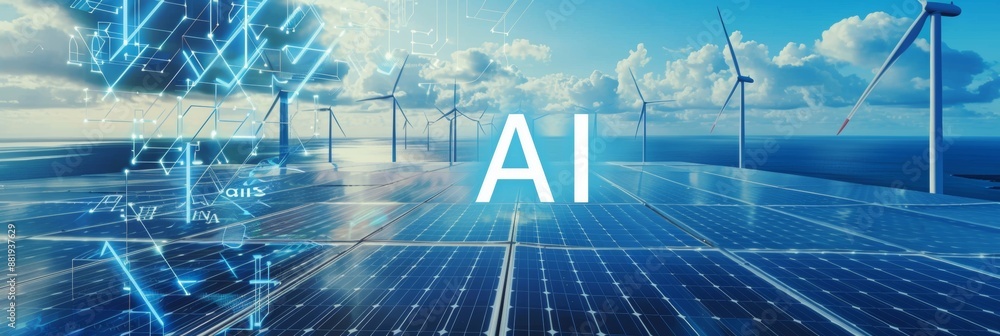 Poster left side of the picture only artificial intelligence, in the middle only one solar panel field supp