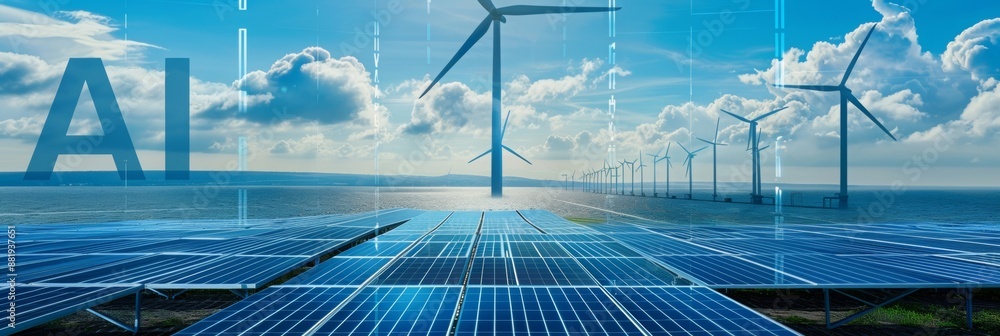 Poster left side of the picture only artificial intelligence, in the middle only one solar panel field supp