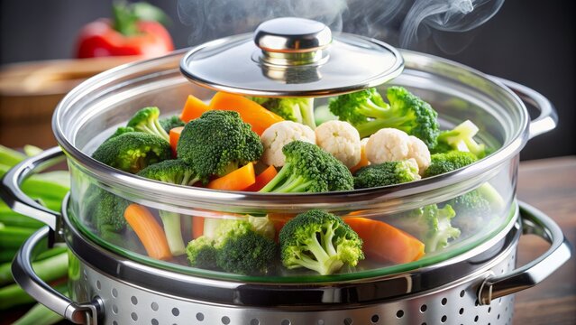 Close-up of a vegetable steamer in use.