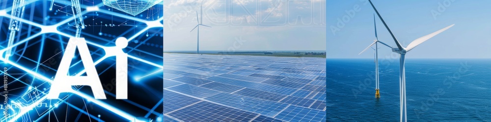 Poster left side of the picture only artificial intelligence, in the middle only one solar panel field supp