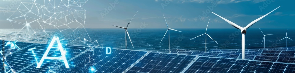 Poster left side of the picture only artificial intelligence, in the middle only one solar panel field supp