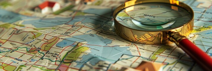 Journey of Home Discovery and Real Estate Purchase Embodied by a Magnifying Glass Over a Map, Symbolizing the Search for a New Home.