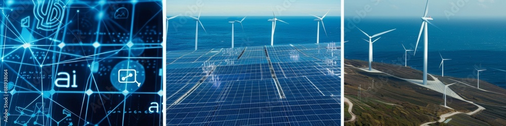 Poster left side of the picture only artificial intelligence, in the middle only one solar panel field supp