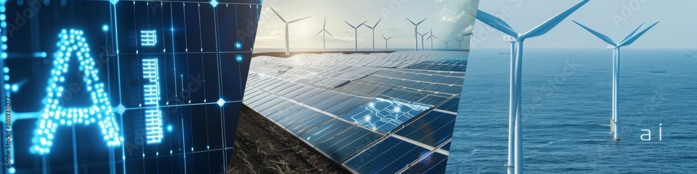 Poster left side of the picture only artificial intelligence, in the middle only one solar panel field supp