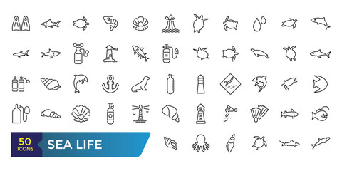 Sea Life icon set. Related to Anchor, fish, Coral, Diving Helmet, Dolphin and more. Collection and pack of linear web and ui icons. Editable stroke. Vector illustration.