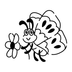 Cute doodle icon of a butterfly holding flower 