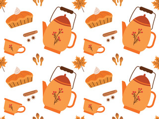 Seamless pattern with teapot pie and spices for a cozy Autumn Vector illustration of autumn elements