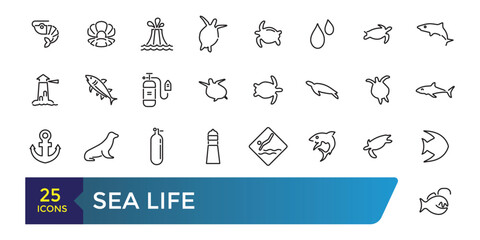 Sea Life icon set. Related to Anchor, fish, Coral, Diving Helmet, Dolphin and more. Collection and pack of linear web and ui icons. Editable stroke. Vector illustration.