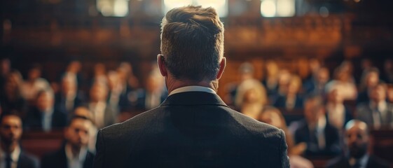 A businessman giving a speech to a large audience in a conference hall, capturing the focus on leadership and public speaking.