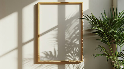 A mockup of an empty blank light wooden frame with reflections on the wall, shadows from plants and window light, minimalist interior design, soft neutral tones, high resolution, hyper realistic