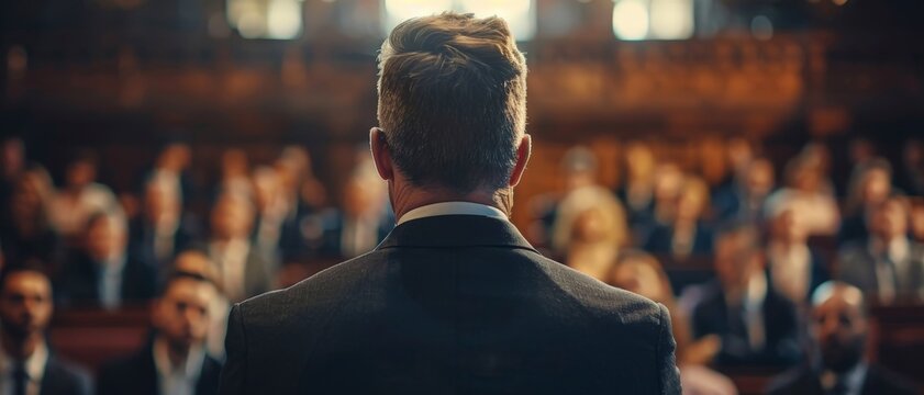 A businessman giving a speech to a large audience in a conference hall, capturing the focus on leadership and public speaking.