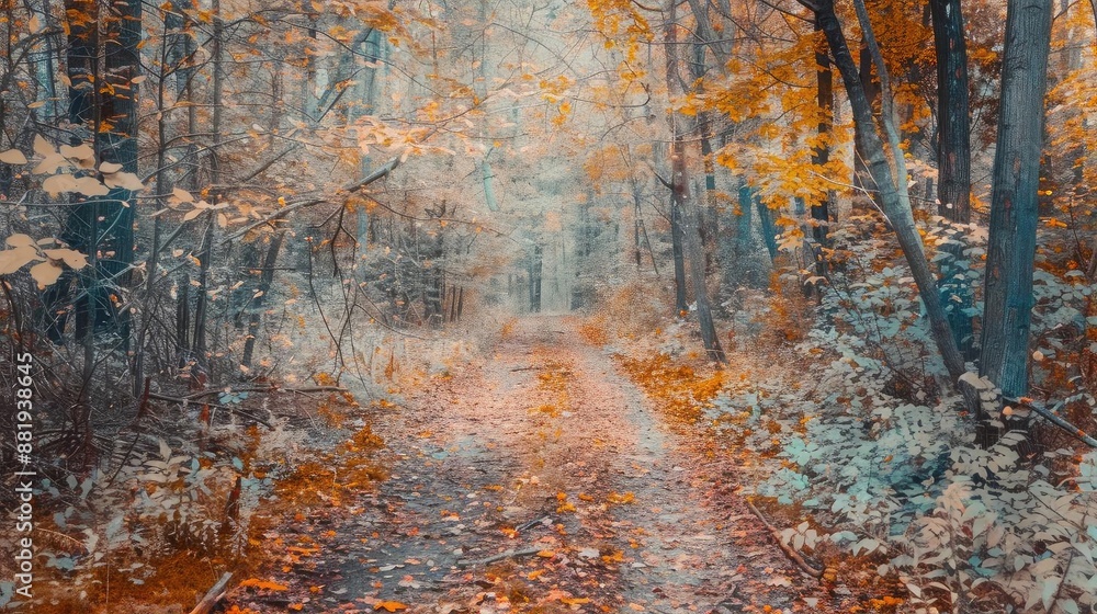 Poster An enchanting autumn forest pathway surrounded by vibrant fall foliage and soft sunlight creating a magical and serene woodland atmosphere.