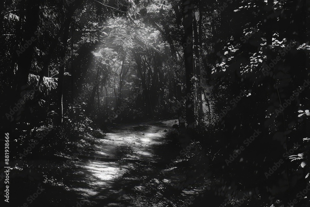 Aufkleber Mysterious forest path with sunlight streaming through dense trees, creating a serene and atmospheric monochrome scene.