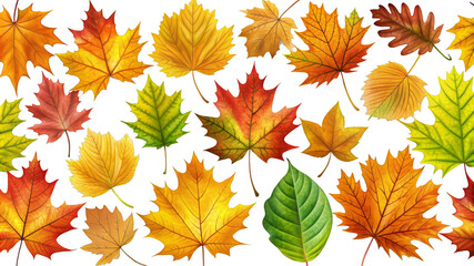Fototapeta premium Colorful autumn leaves like maple, oak, and birch on a transparent background. 