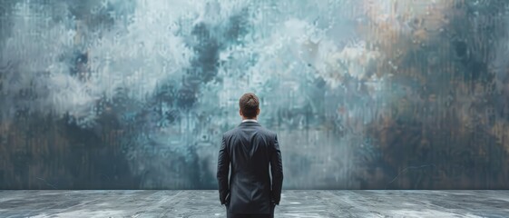 Obraz premium Businessman stands in front of abstract wall, contemplating. Concept of decision-making, leadership, and future vision in business.