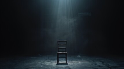 A chair is placed in the middle of a dark room. with light shining in the middle creating By emphasizing the loneliness of the chair and adding An eerie atmosphere is given to the scene.
