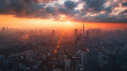 Fototapeta premium Tokyo Skyline at Sunset with Sun Rays Shining Through Clouds