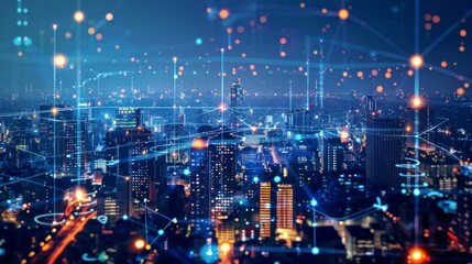 Obraz premium Cityscape with Network Connections at Night