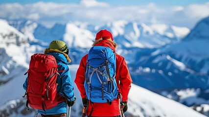 Man and woman ski tourer enjoying the view on a summit in the alps.