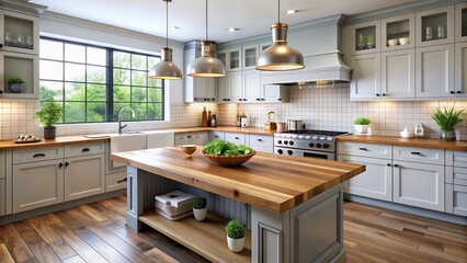 Full shot of a kitchen with a butcher block countertop.
