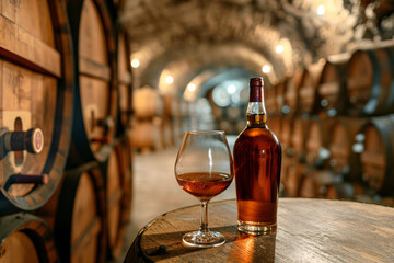 Bottle and glass of fortified wine on background of wooden barrels in cellar of winery.