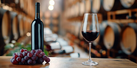 Obraz premium Glass and bottle of red wine and fresh grapes on the table in cellar of winery.